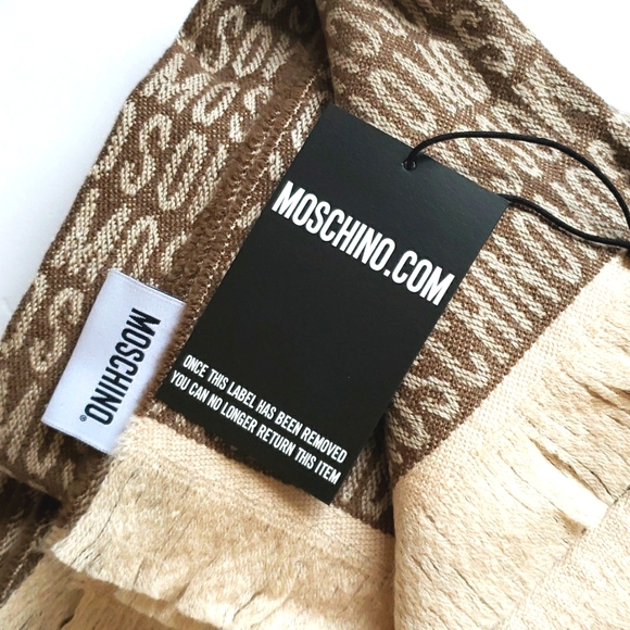 NWOT Moschino Wool Blanket Scarf Brown Tan Moschino Blanket Scarf w/ Tan Fringe - Picture 5 of 16